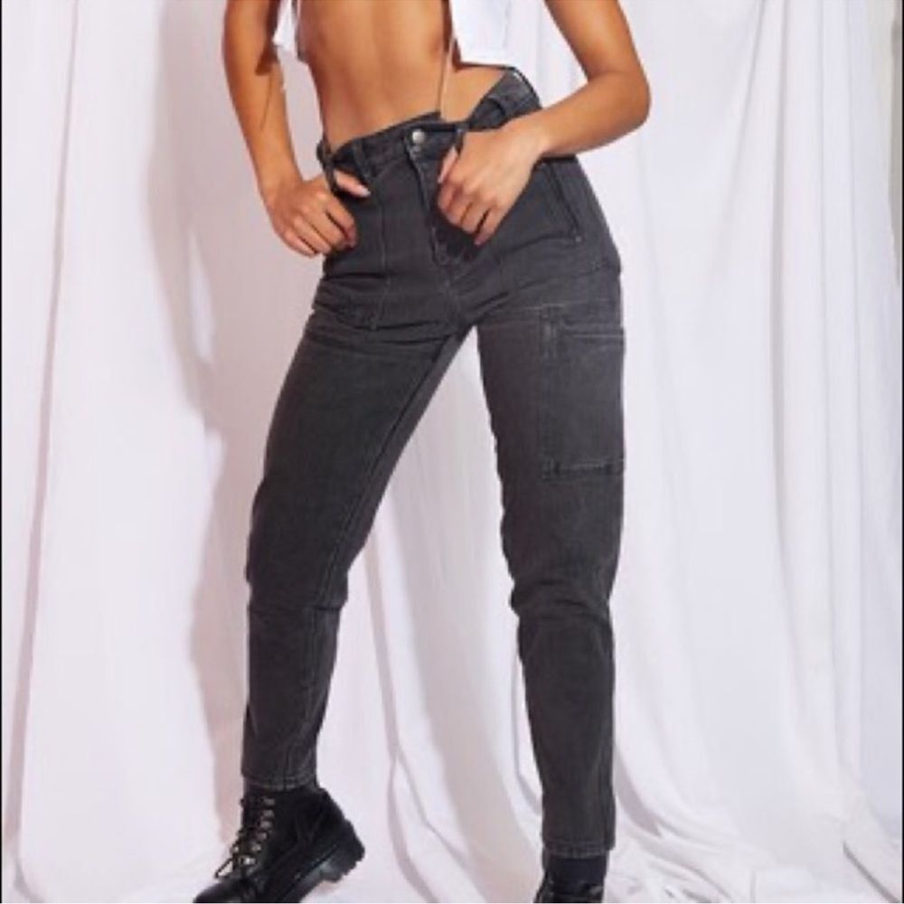 Topshop Black Acid Wash Mom Jean Zipper Pockets Utility Pocket Size 25 Grunge